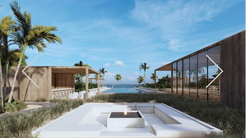 Modern outdoor pool area with a fire feature, surrounded by grass, palm trees, and wooden structures