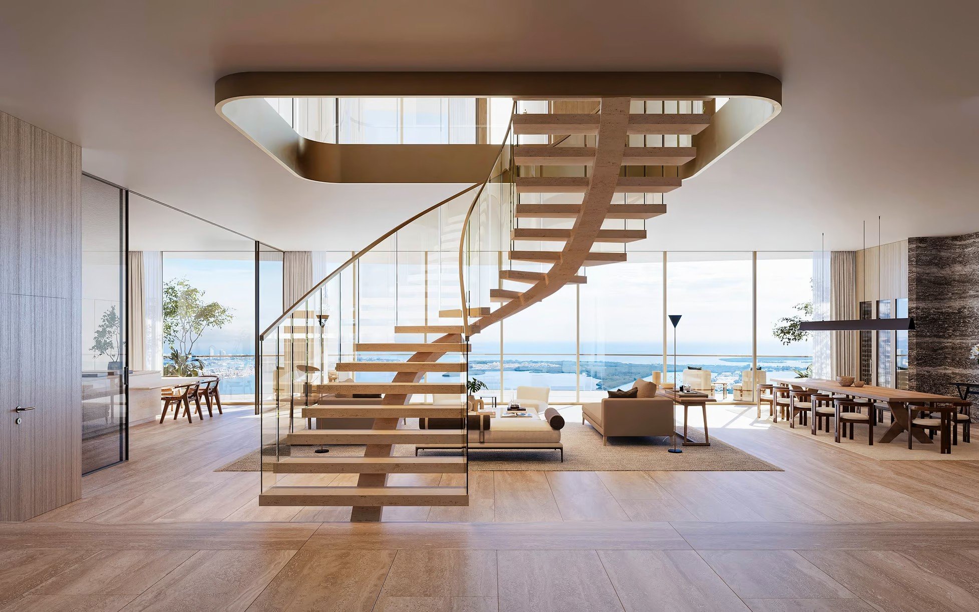 Modern open-concept living space with a floating wooden staircase and floor-to-ceiling windows