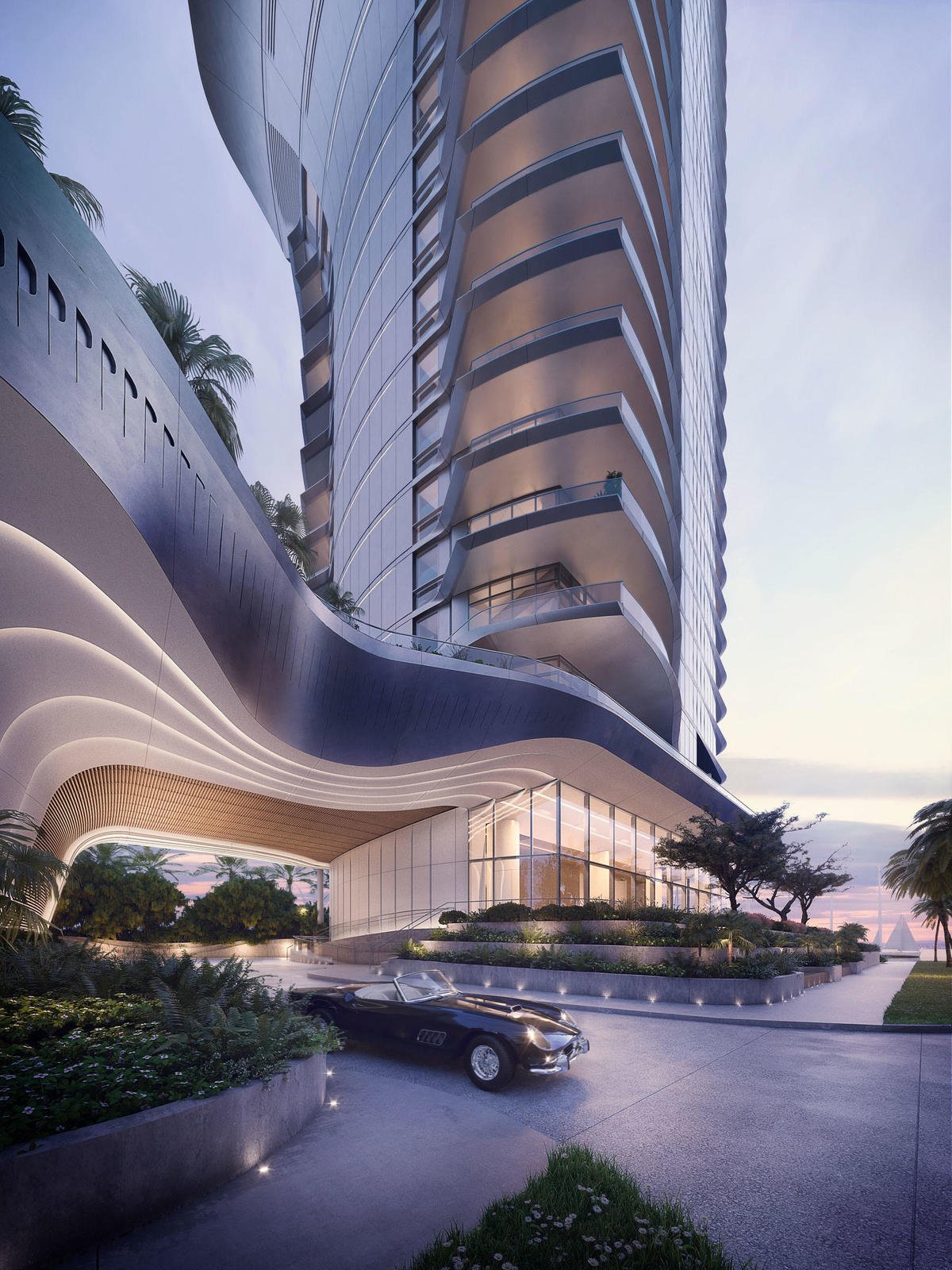 Modern high-rise building with curved architecture, glass windows, balconies