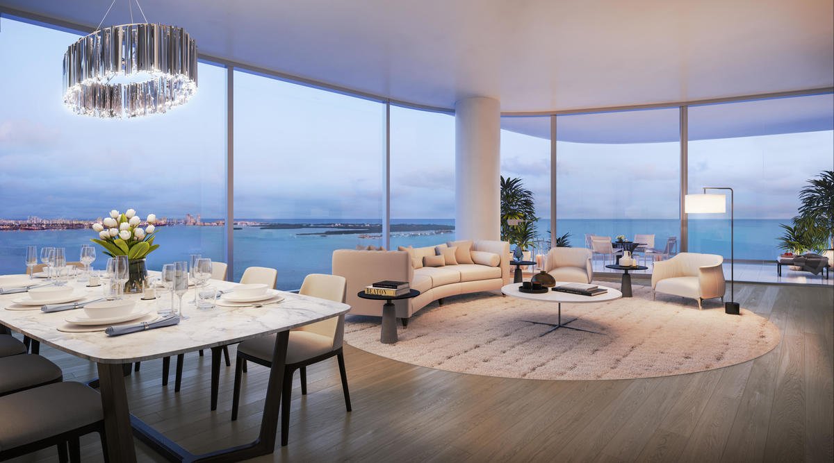 Modern living and dining area with floor-to-ceiling windows