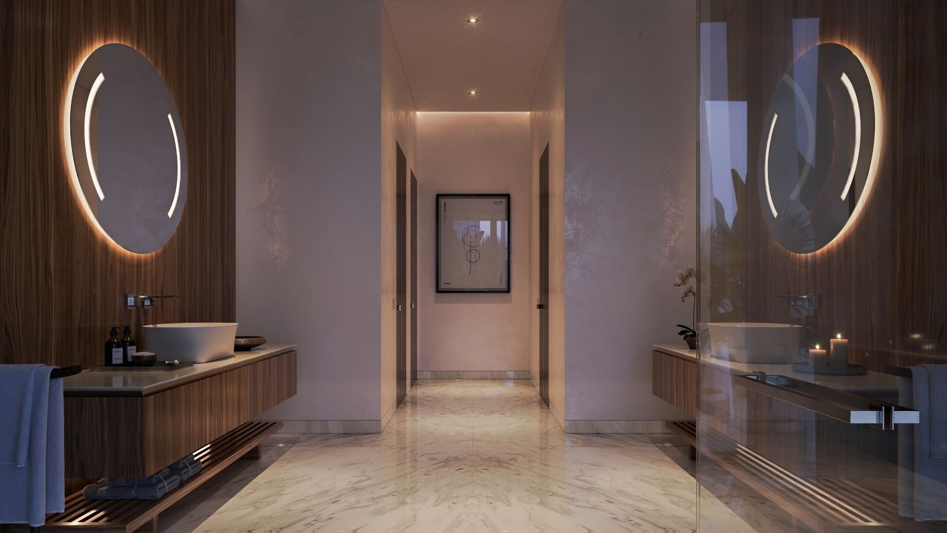 Modern bathroom with two sinks, illuminated mirrors, marble floors