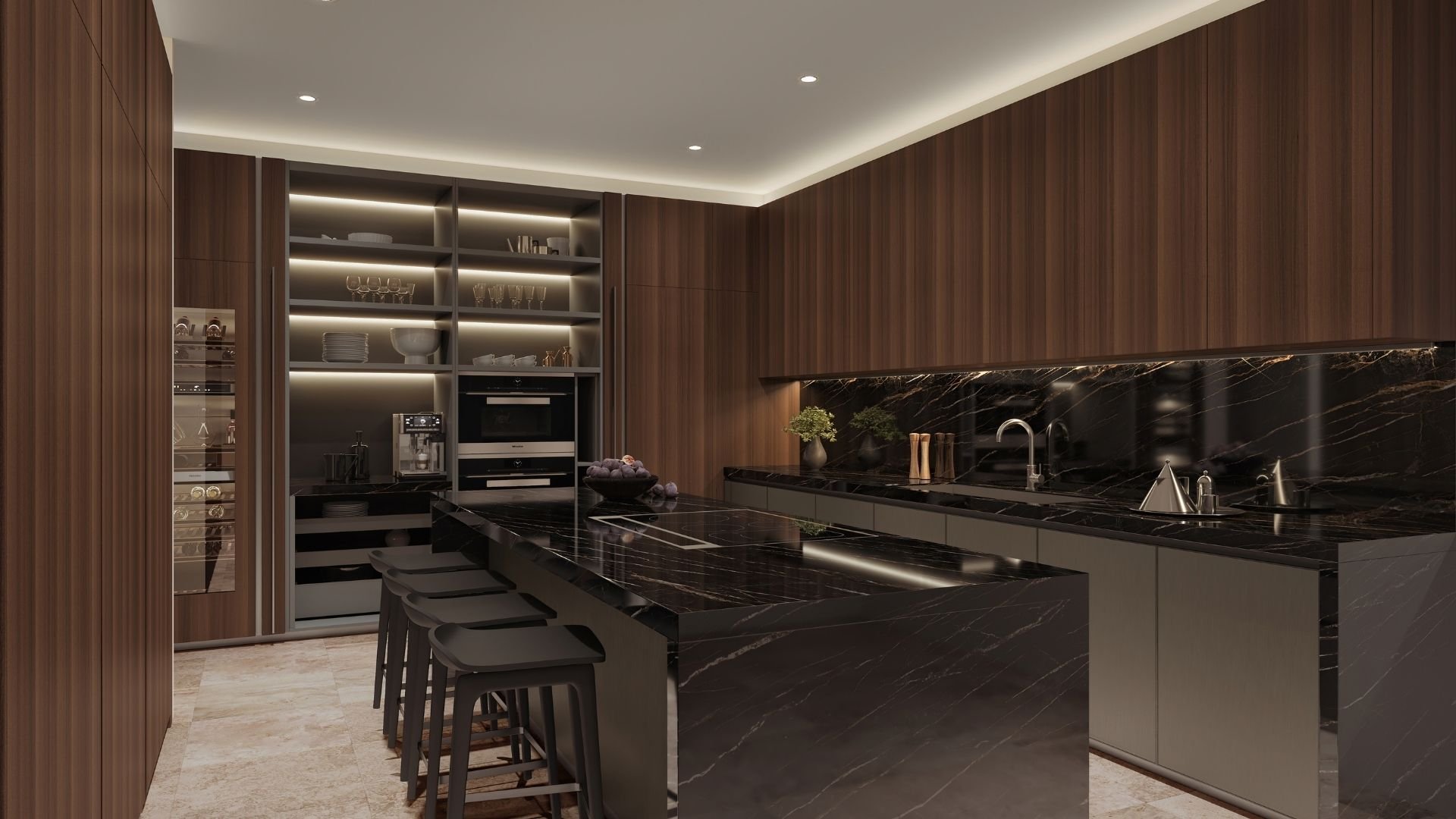 Modern kitchen with dark marble countertops and Molteni cabinetry