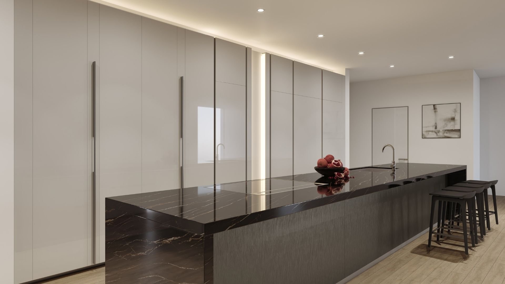 Modern kitchen with black marble island and white cabinets