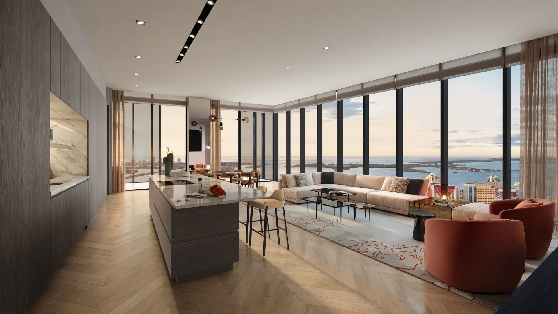 Waldorf Astoria Miami great room with floor-to-ceiling windows, modern furnishings, and Biscayne Bay views